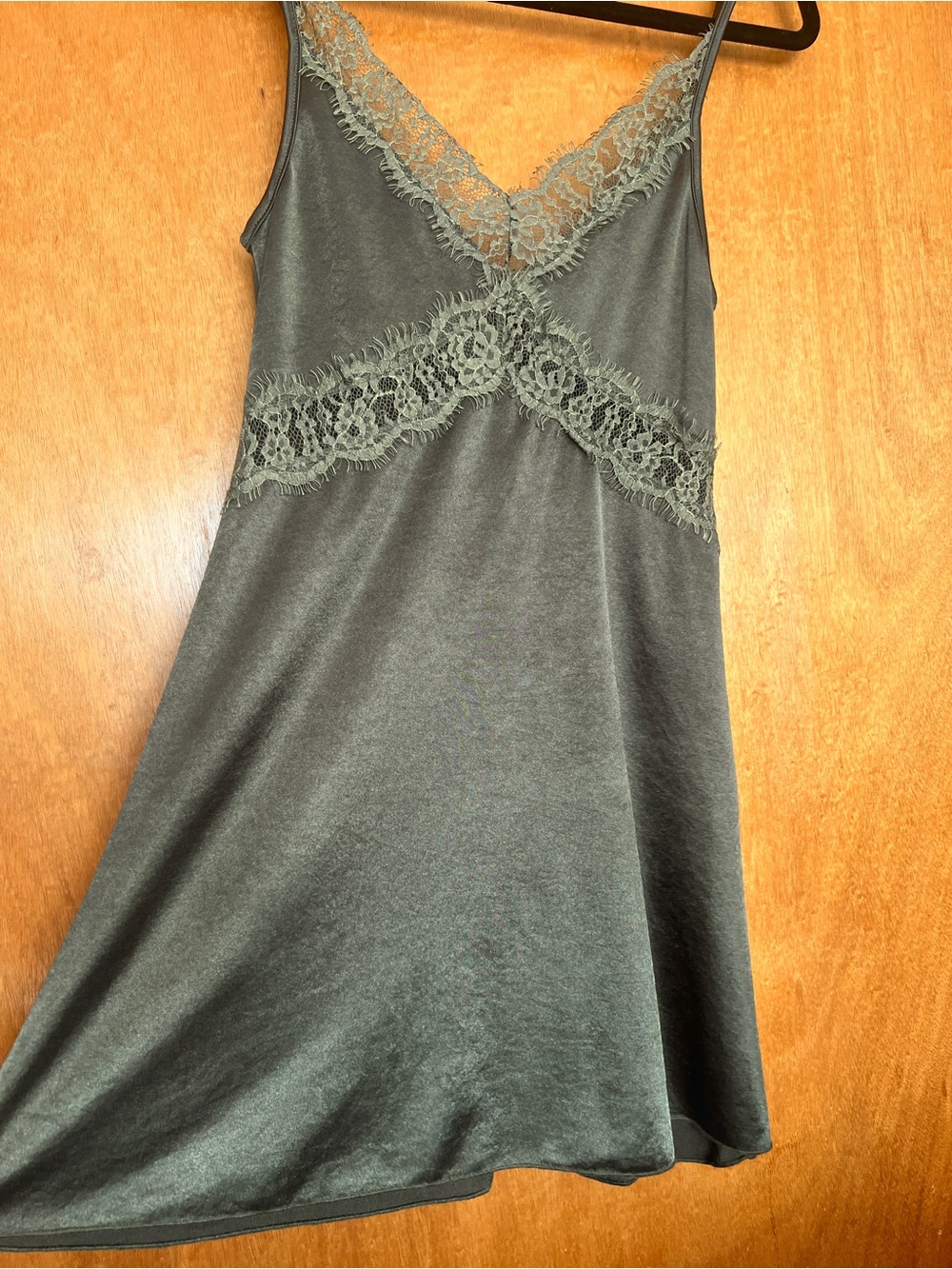 Lace-Trim V-Neck Slip Dress Chemise Nightgown- Olive Green